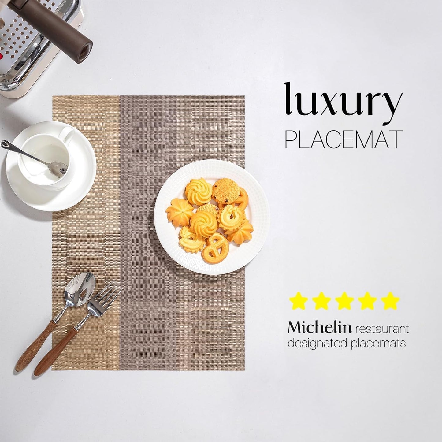 LEXMORE PlaceMats Set of 12 Vinyl/Plastic Woven Place Mats for Kitchen Table Indoor/Outdoor Washable PlaceMat Wipeable Dining Table Mats(Gold Dune)