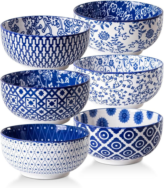 Ceramic Soup Bowls Set - 23 Oz Deep Cereal Bowl for kitchen - 6 Inch Porcelain Salad Bowl for Pasta, Dessert, Ramen - Microwave Dishwasher Safe - Set of 6 - Vintage Blue
