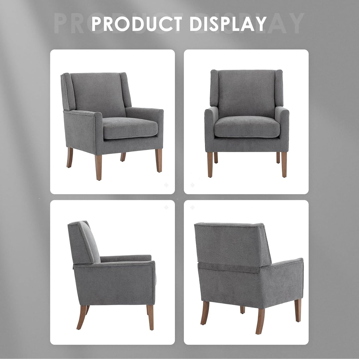 COLAMY Modern Wingback Living Room Chair, Upholstered Fabric Accent Armchair, Single Sofa Chair with Lounge Seat and Wood Legs for Bedroom/Office/Reading Spaces, Gery