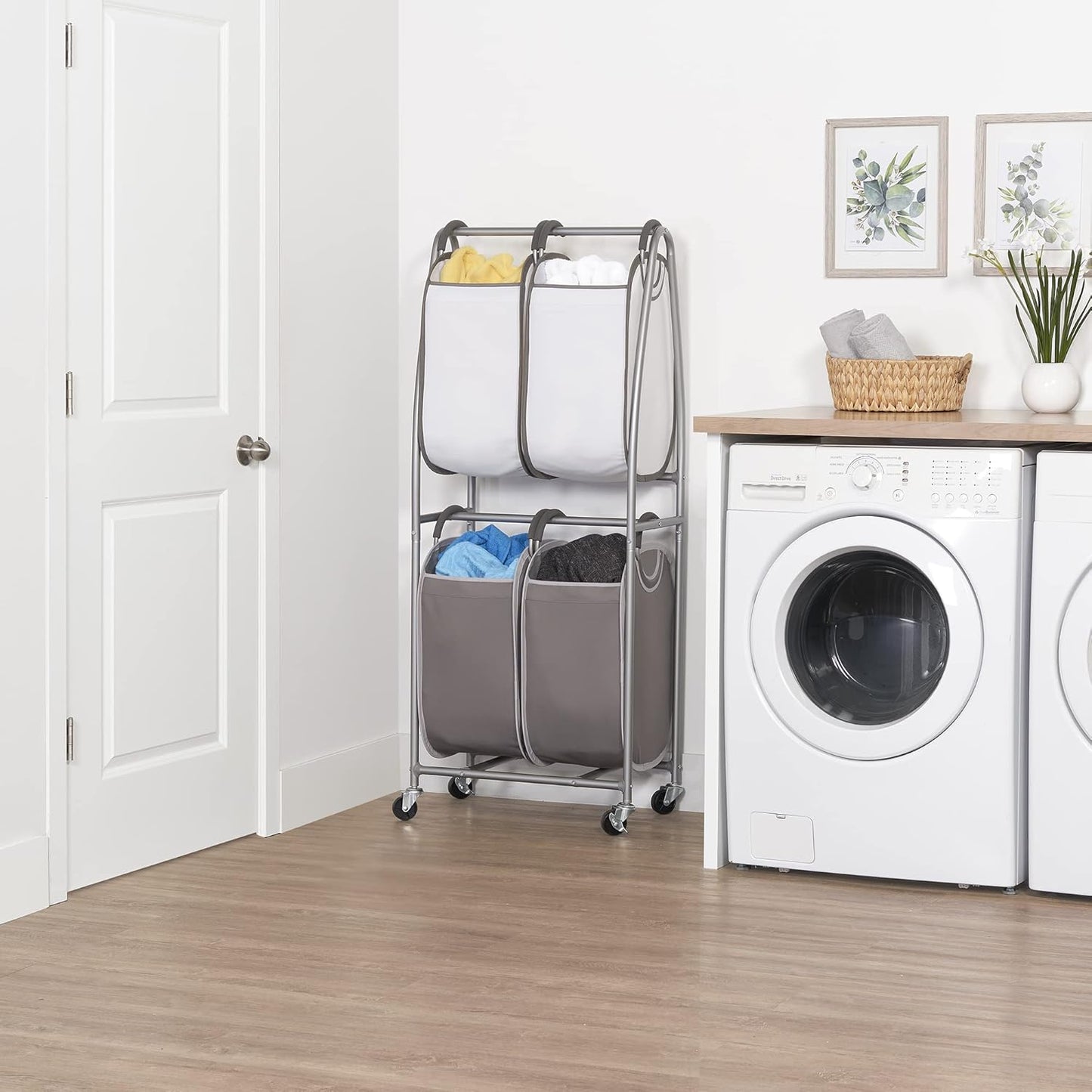 Neatfreak - 2 Tier Vertical Rolling Laundry Cart - Rolling Storage Cart On Wheels With 4 x Tote Hampers For Laundry, Towels, Blankets & Bathroom Organization - Quad Laundry Sorter