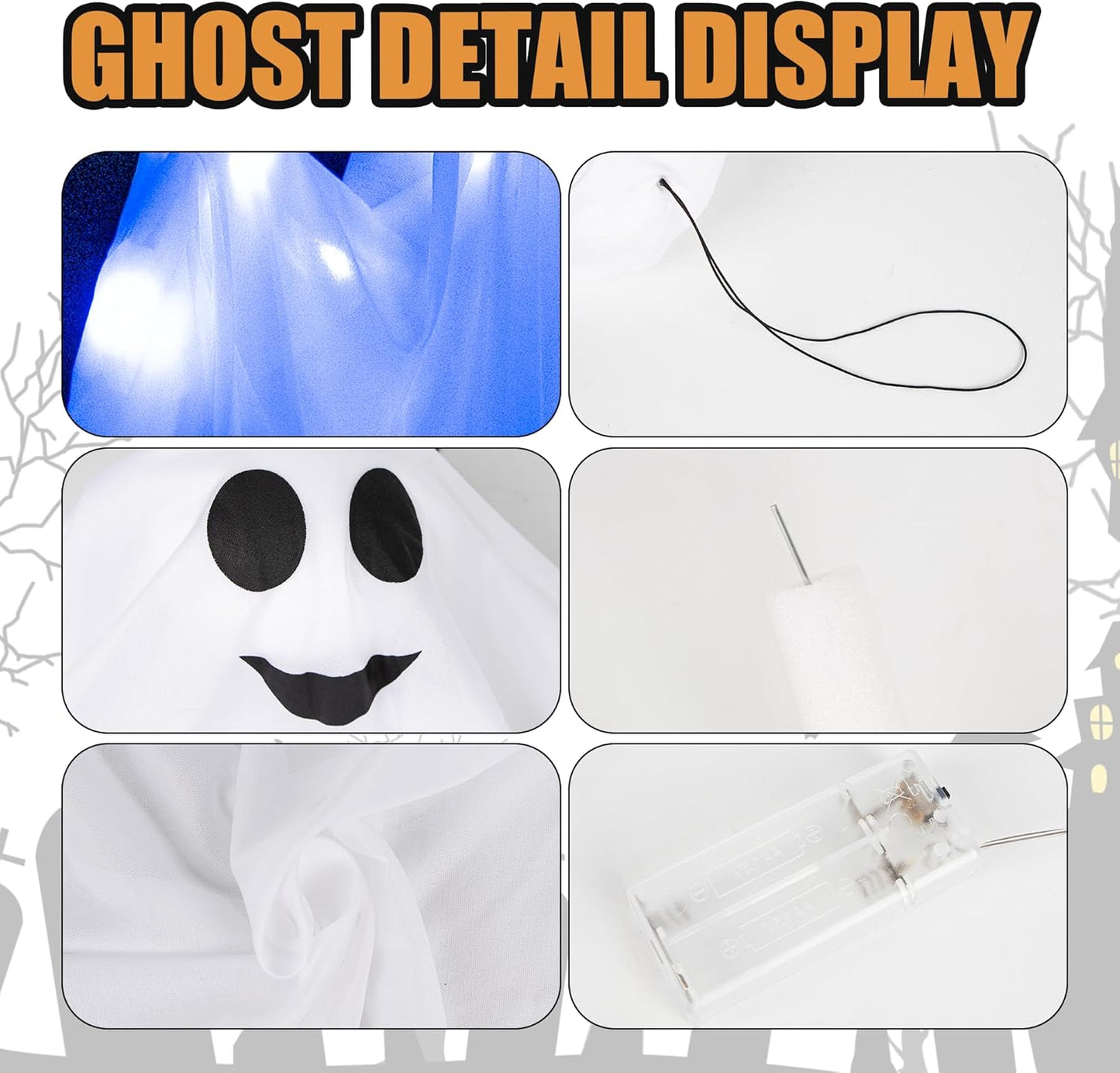 4 Pack Halloween Hanging Ghost Decorations, 27.5" Light Up Spooky Floating Ghosts with LED Glow, Waterproof Outdoor & Indoor Haunted House, Porch, Yard, Garden Party Decor