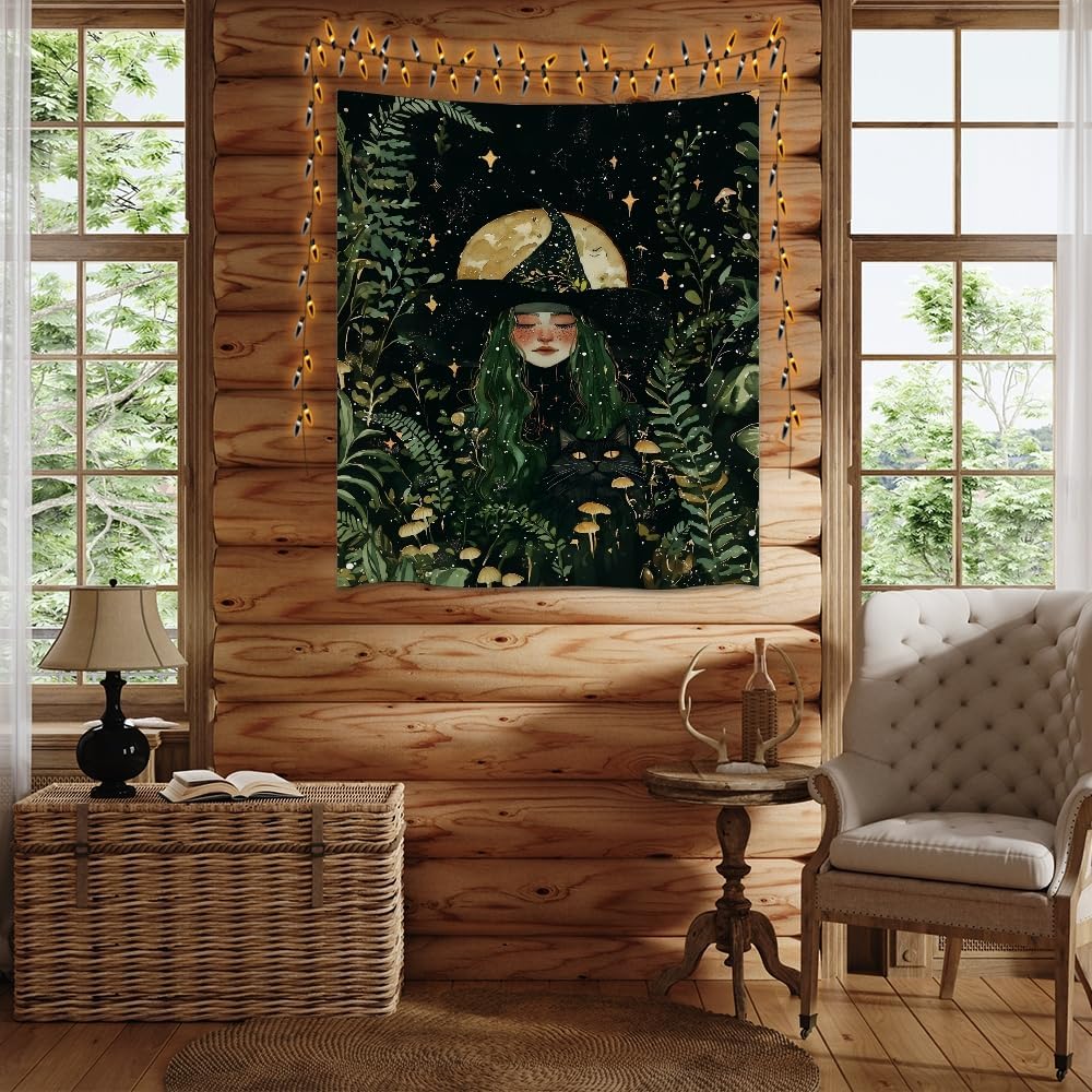 Moon Witch Tapestry Wall Hanging Mystical Botanical Green Print Dark Forest Witchy Decor Gothic Magical Black Cat and Moon Tapestries for Bedroom Living Room Dorm Decoration Aesthetic 70x90inch