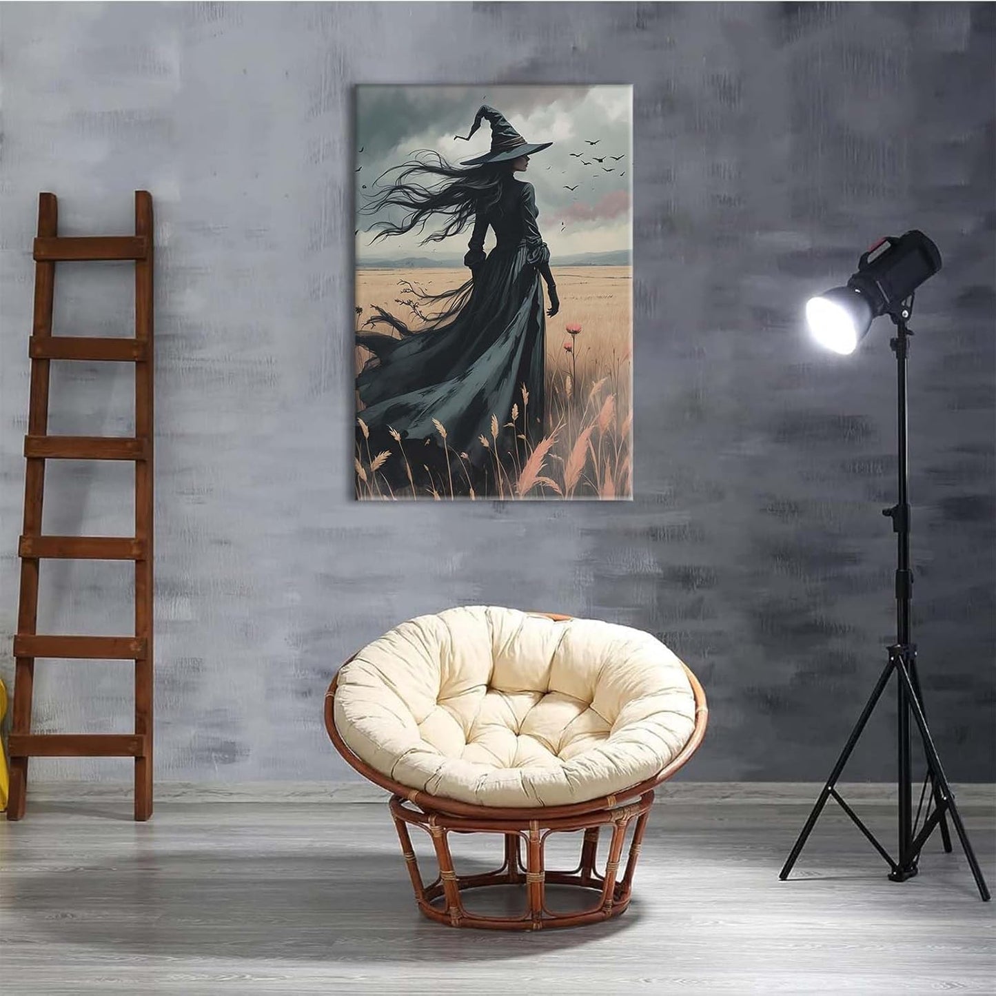 Gothic Decor Canvas Wall Art Witch in Rice Field Halloween Art Decor Print Nature Print Victorian Home Bedroom20x30in Wood Framed