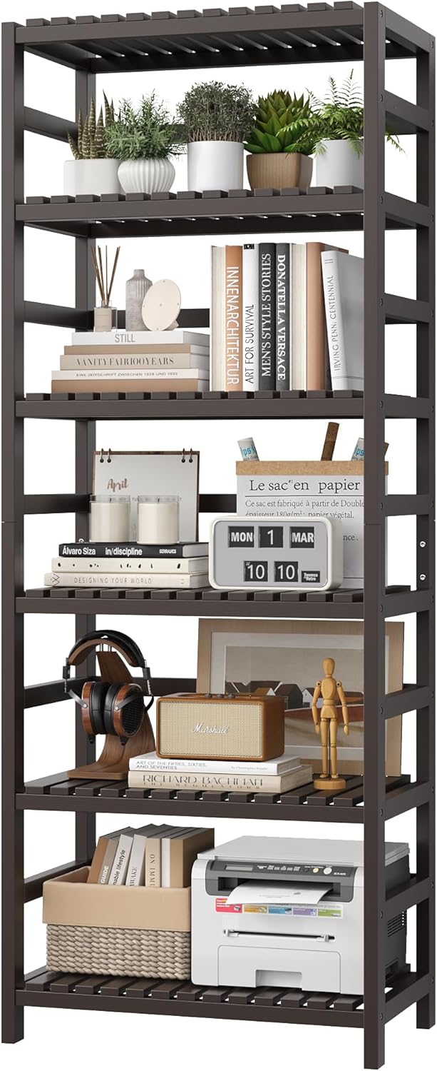 FOTOSOK 6-Tier Bamboo Shelf, Bamboo Bookcase with Adjustable Shelves, Free Standing Storage Shelf Unit, Plant Flower Stand for Kitchen, Bathroom, Home Office, Vintage
