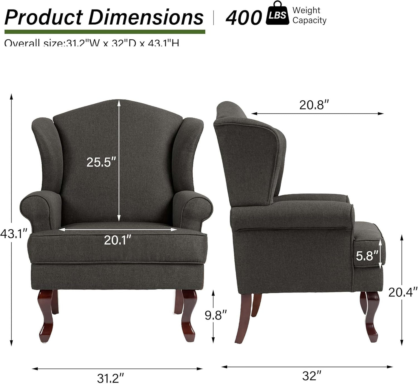 Accent Chair, High Back Upholstered Armchair with High Resilience Sponge & Wood Legs, Mid-Century Modern Comfy Single Sofa Reading Chairs for Living Room, Bedroom (Dark Grey, Set of 2)