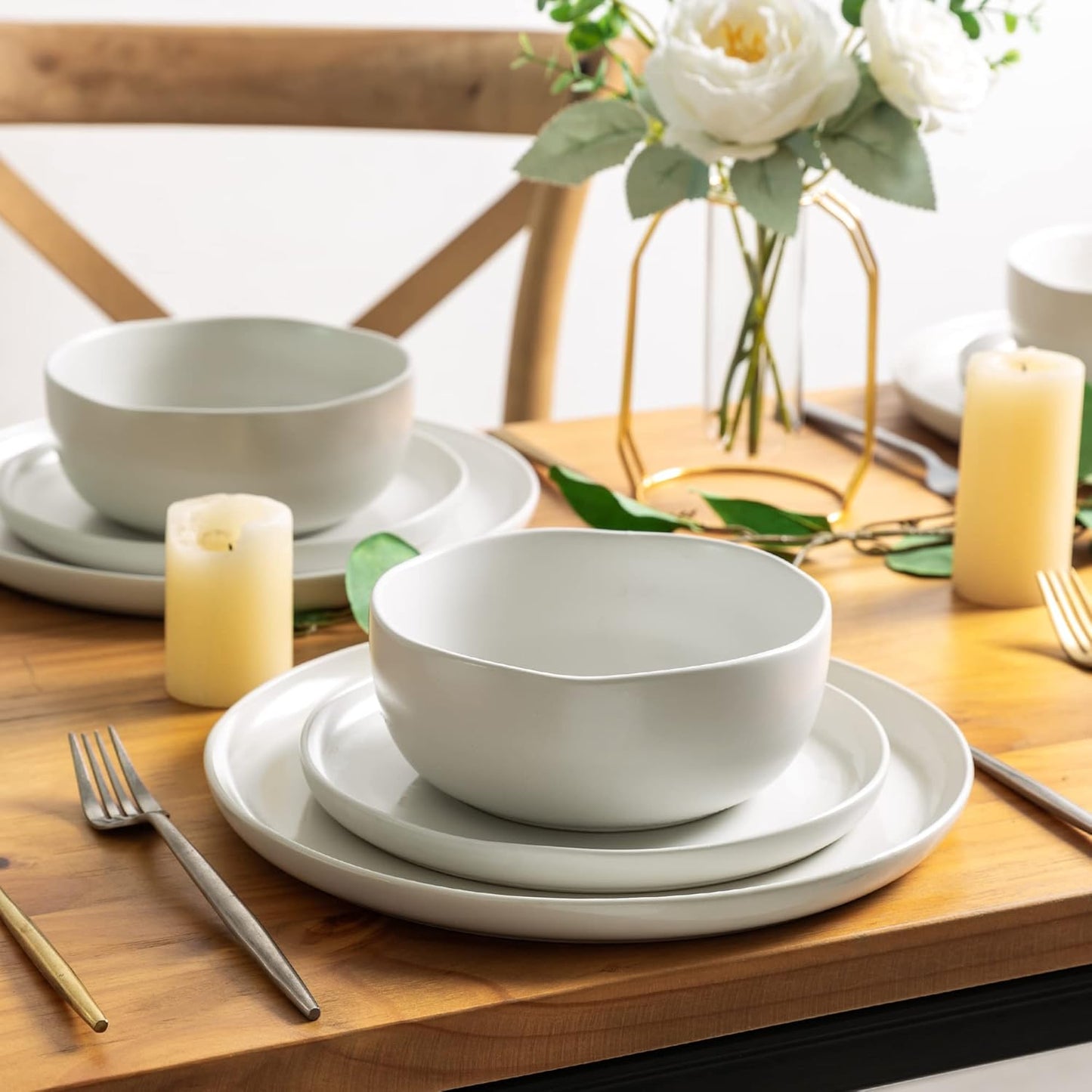 AmorArc Ceramic Dinnerware Sets, Wavy Rim Stoneware Plates and Bowls Sets, Highly Chip and Crack Resistant | Dishwasher & Microwave Dishes set, Service for 4 (12pc)-4 Color