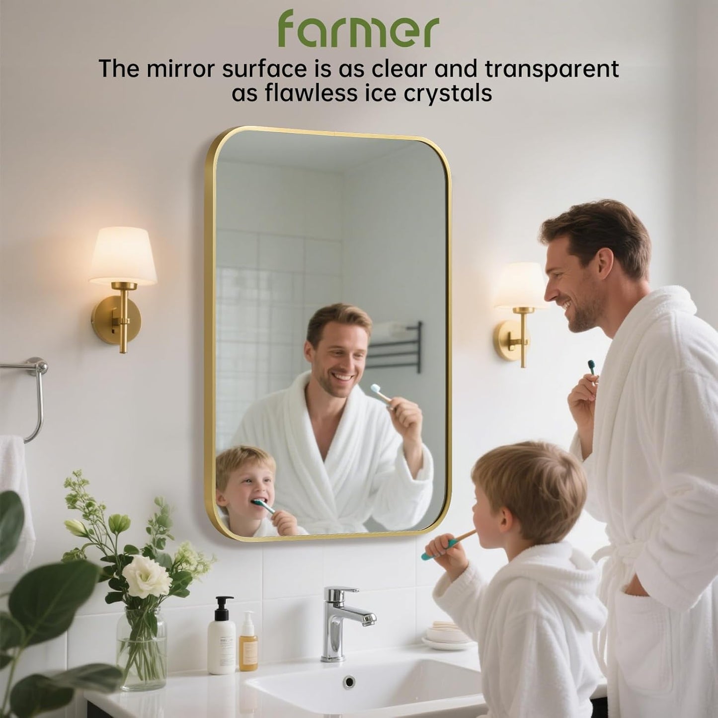 FARMER 22x30 Inch Gold Bathroom Mirror, Rectangle Vanity Mirror, Brushed Mirrors for Wall, Metal Frame Hanging Mirror with Round Corner for Bedrooms, Entryways, Living Rooms, Horizontal/Vertical