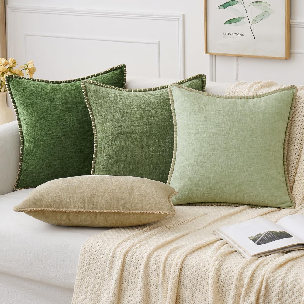 MIULEE Pack of 2 Couch Throw Pillow Covers 24x24 Inch Light Green Farmhouse Decorative Pillow Covers with Stitched Edge Soft Chenille Solid Dyed Spring Pillow Covers for Sofa Bed Living Room