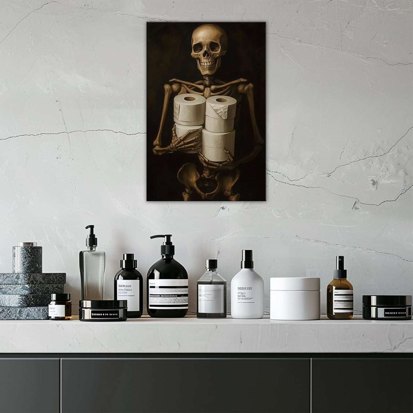 Gothic Skull Wall Art Funny Skeleton with Toilet Paper Canvas Print Vintage Skull Painting Framed Artwork for Living Room Home Halloween Wall Decor(Artwork-8,24"x36")