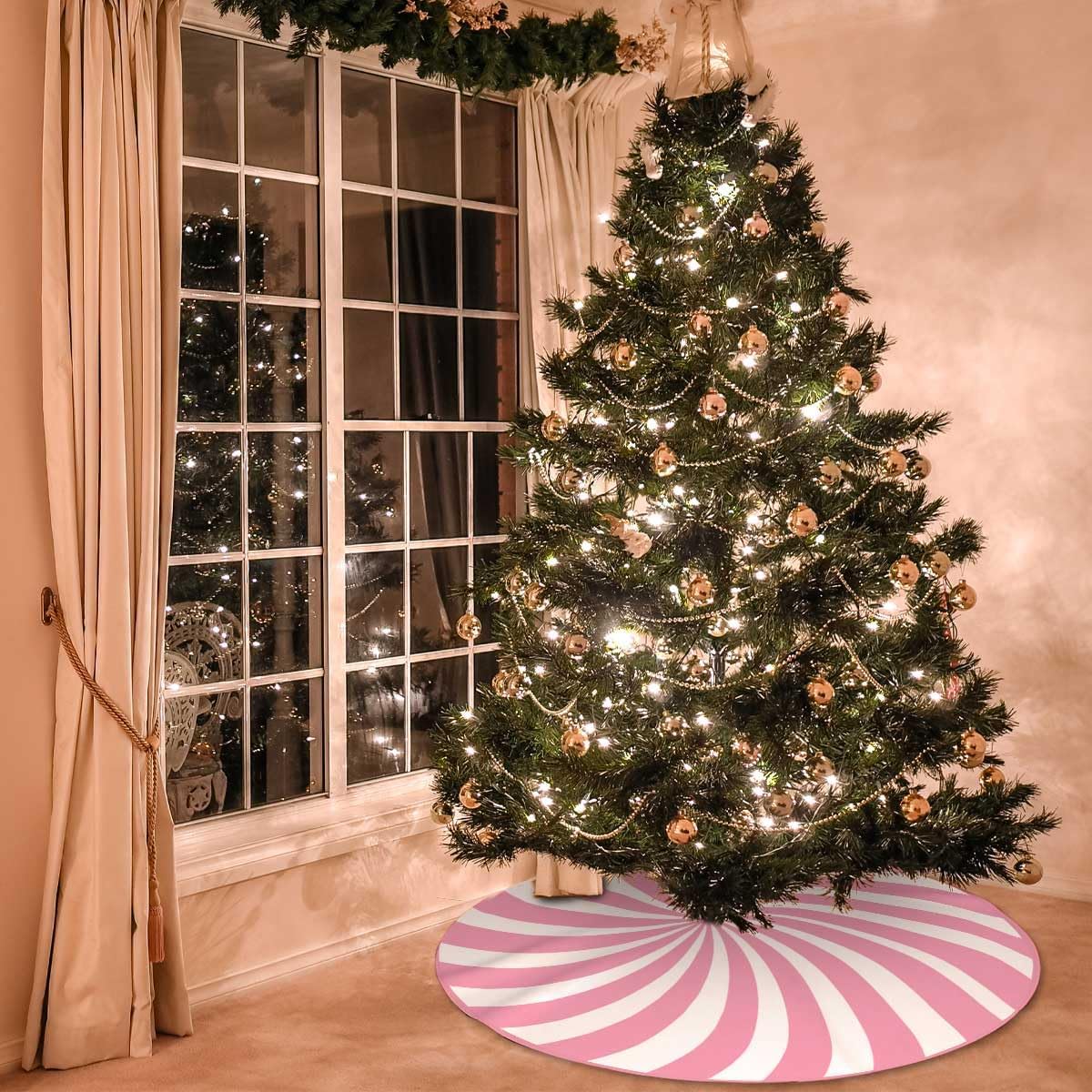 Swirl Stripe Christmas Tree Skirt 36 inches Sweet Candy Cane Pink Christmas Decorations Xmas Tree Mat Holiday Party Home Decorations (Pink, 36in)