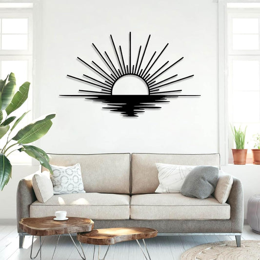 Sunrise Metal Wall Art, Metal Sun Wall Decor, Sun Outdoor Wall Art, Abstract Sunrise Wall Decor, Boho Home Hanging, Living Room Wall Hanging (Black, 35"x21"/90x54cm)