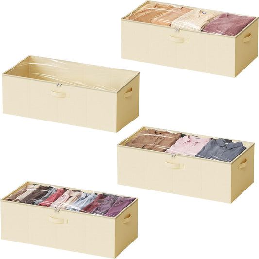 SpaceAid 4 Pack 10" High Under Bed Storage Containers, Large Underbed Storage Organizer Bins with Lids for Bedroom, Dorm, Clothes, Closet Organization, Bed Sheets and Blankets (Beige)