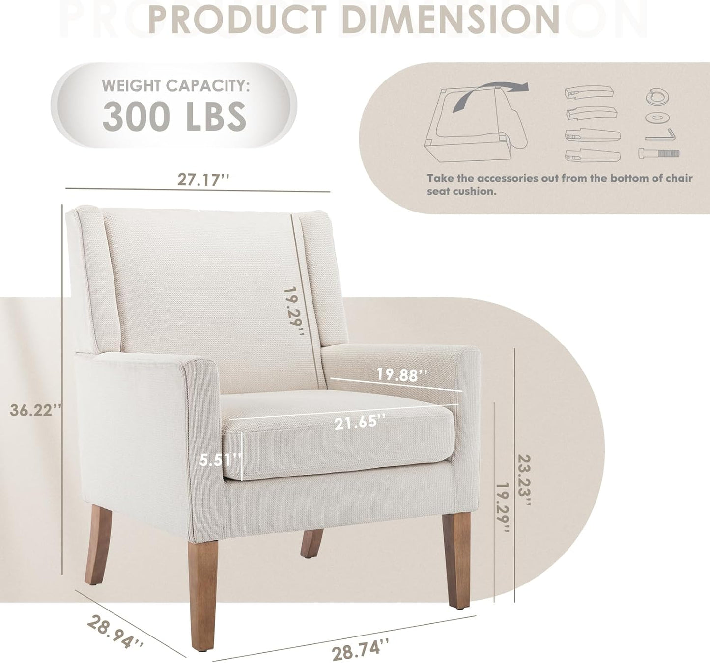 COLAMY Modern Wingback Living Room Chair, Upholstered Fabric Accent Armchair, Single Sofa Chair with Lounge Seat and Wood Legs for Office/Bedroom/Reading Spaces, Beige