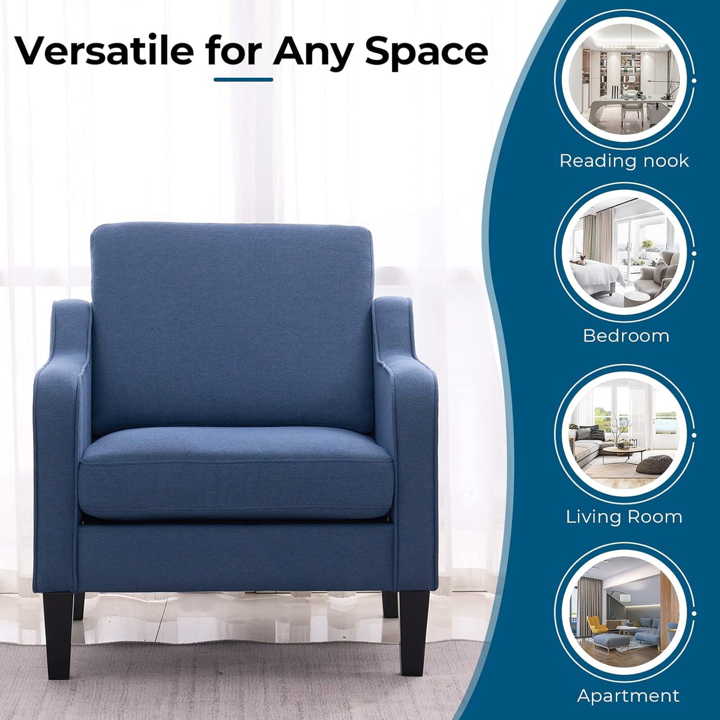 VINGLI Mid Century Modern Accent Chair, Navy Blue Fabric Accent Chairs for Living Room, Upholstered Armchair with Scooped Arms for Bedroom, Apartment, Studio, Office, Waiting Room