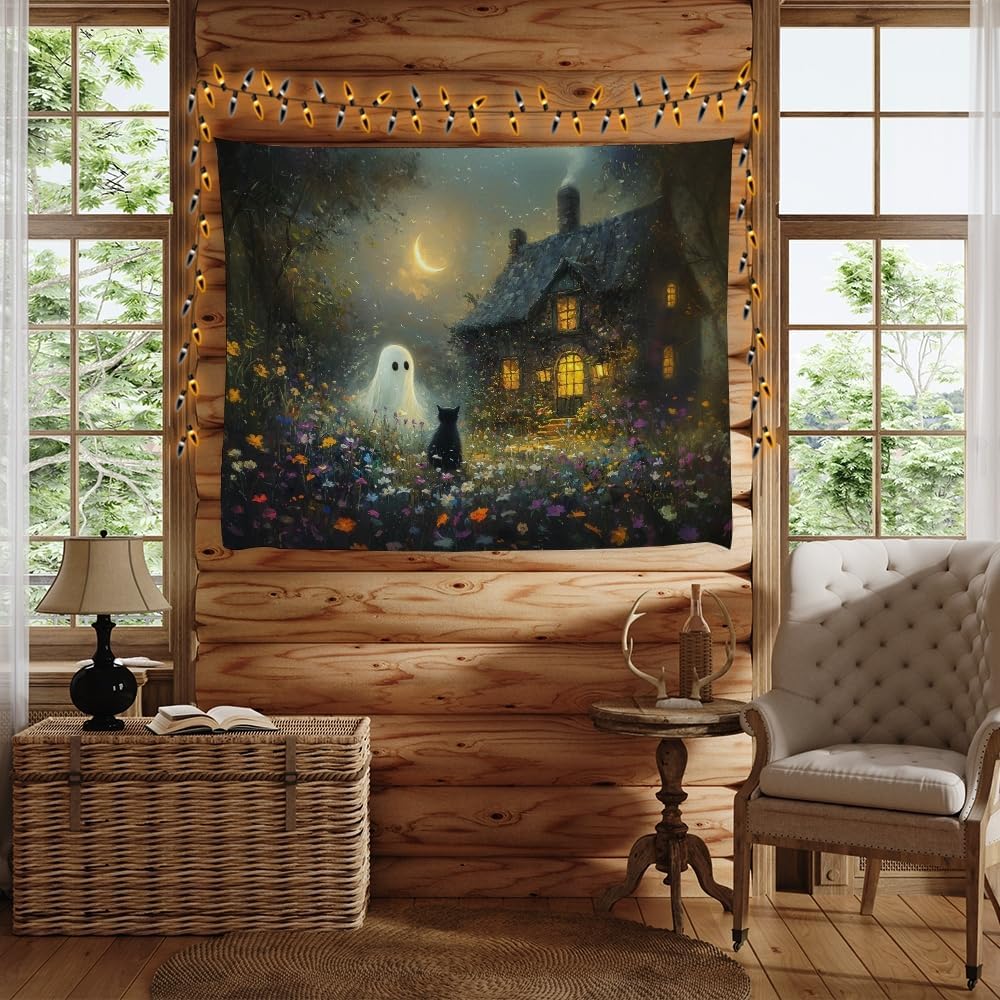 Halloween Black Cat and Ghost Tapestry Wall Hanging for Spooky Cute Bedroom Decor Dark Academia Moon Wildflower Cottage Tapestries Aesthetic for Home Living Room Decoration 50x60inch