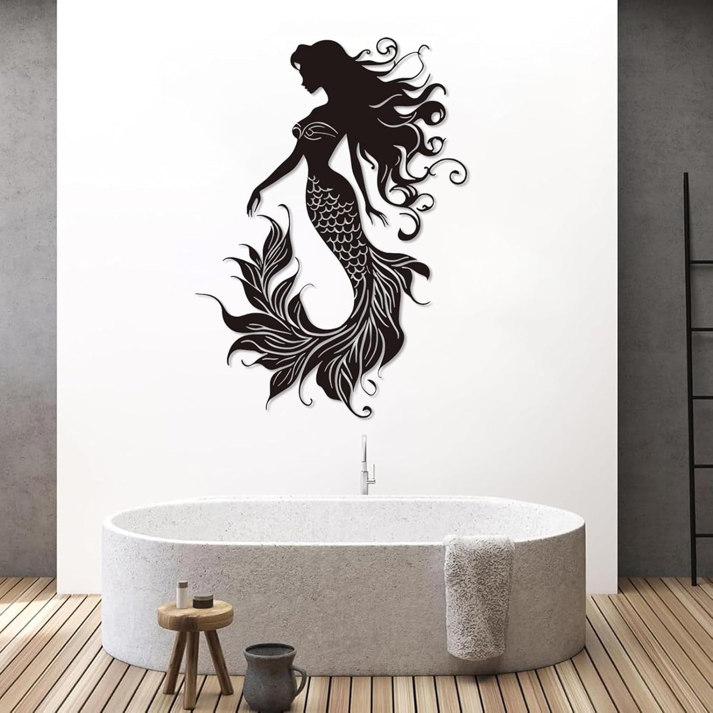 Veplsur Mermaid Metal Wall Art, Metal Mermaid Wall Decor, Marine Biology Wall Decor, Ocean Wall Art, Nautical Wall Hanging, Beach Hanging for Bathroom Bedroom (White, 19"x13"|47x33cm)