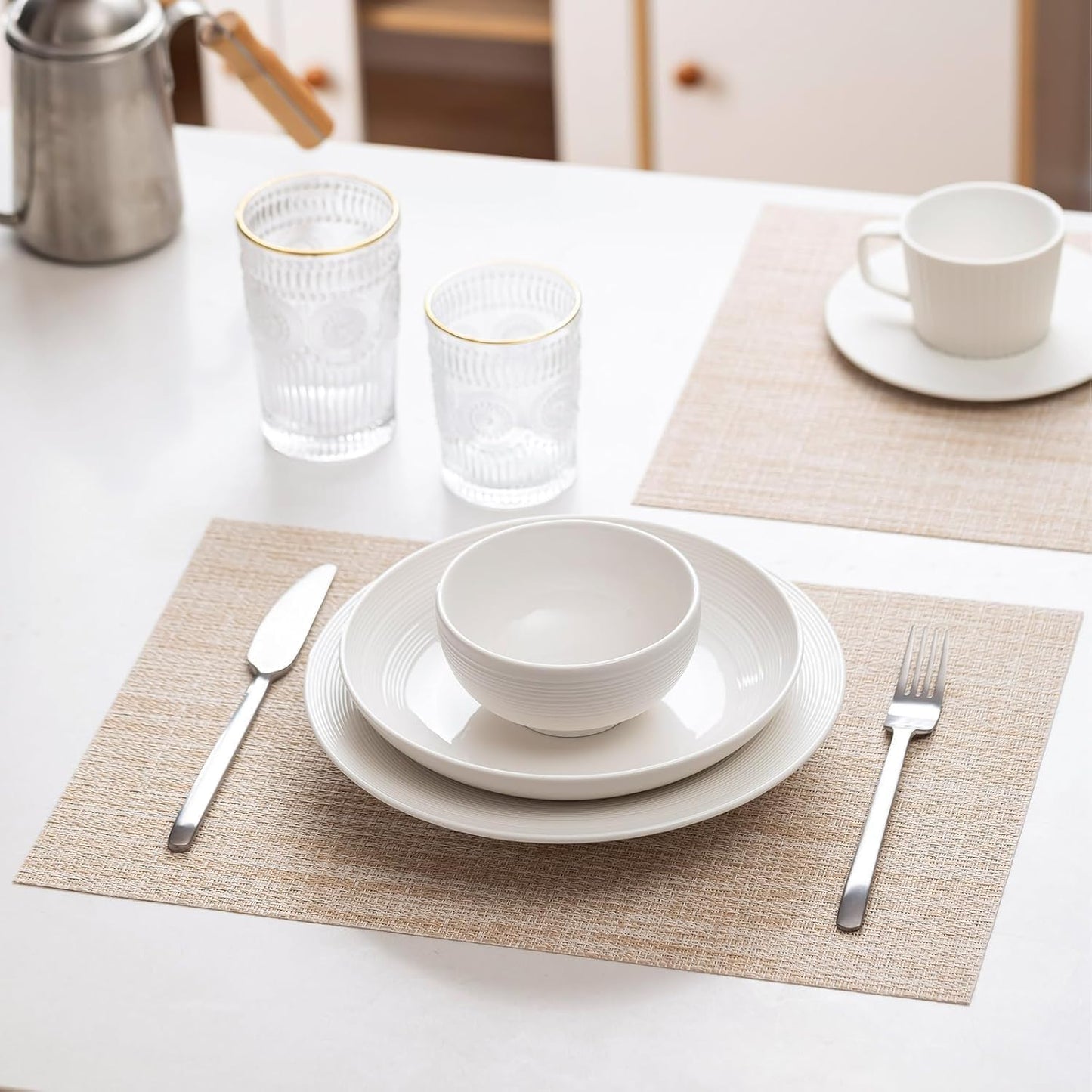 LEXMORE Placemats Set of 12 Vinyl/Plastic Woven Place Mats for Kitchen Table Indoor/Outdoor Washable Placemat Wipeable Dining Table Mats(A-Beige)