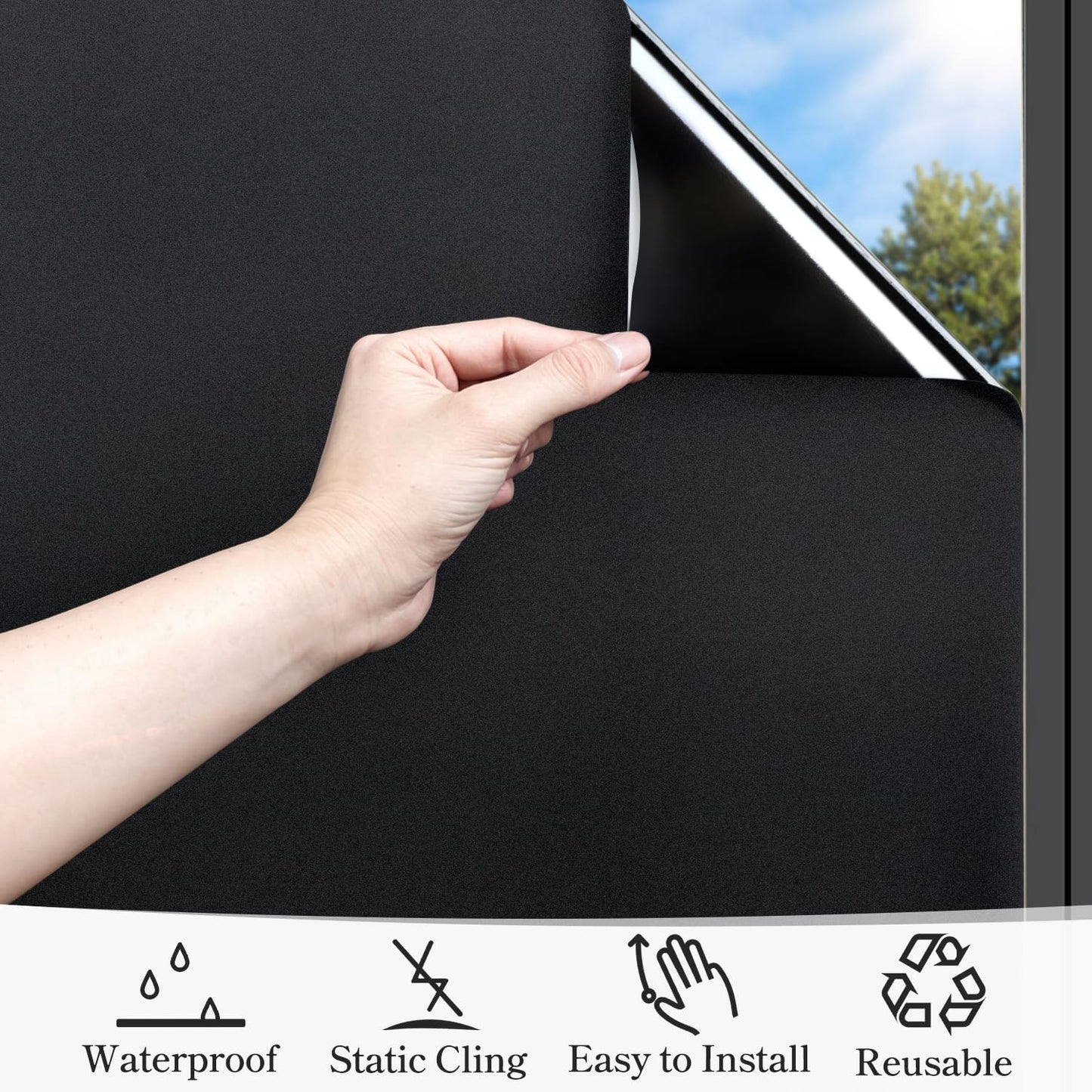 DUOFIRE Blackout Window Film Completely Light Blocking Privacy Window Film Room Darkening Frosted Tint Films for Day Sleep, Non Adhesive Static Cling Films DT-C009 (17.4 x 118 Inch)