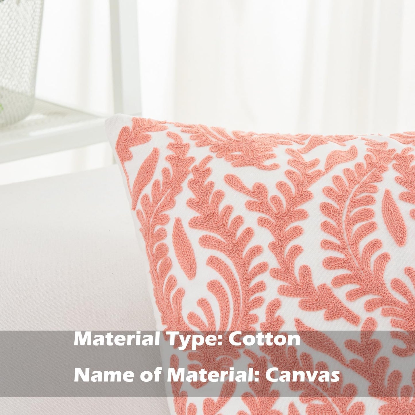 HWY 50 Coral Pink Decorative Throw Pillow Covers 18x18 Inch (1 Piece), Embroidered Cotton Farmhouse Cushion Cover Pillow Case for Sofa Couch Living Room Bed Bedroon, Floral Branches