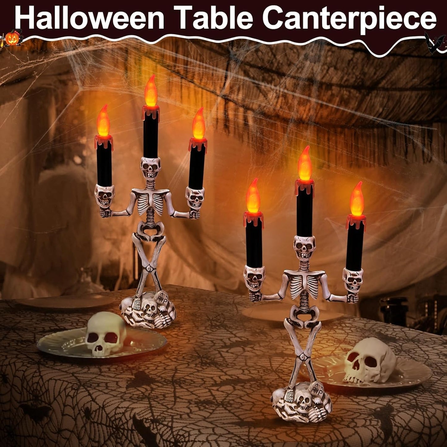 TURNMEON 2 Pack Halloween Candelabra with LED Flame Less Candles Holder Battery Operated Flickering Lights Skull Candles for Halloween Decorations Indoor Home Table Mantel Party Haunted Mansion Decor
