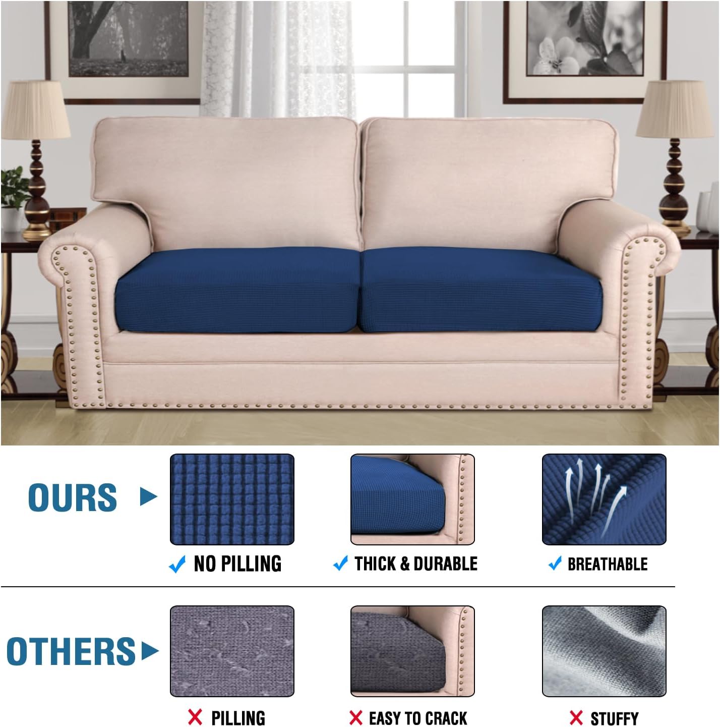 H.VERSAILTEX Super Stretch Individual Seat Cushion Covers - 2 Piece Large Sofa Cushion Covers, Navy, Thick Jacquard Textured Twill Fabric Sets