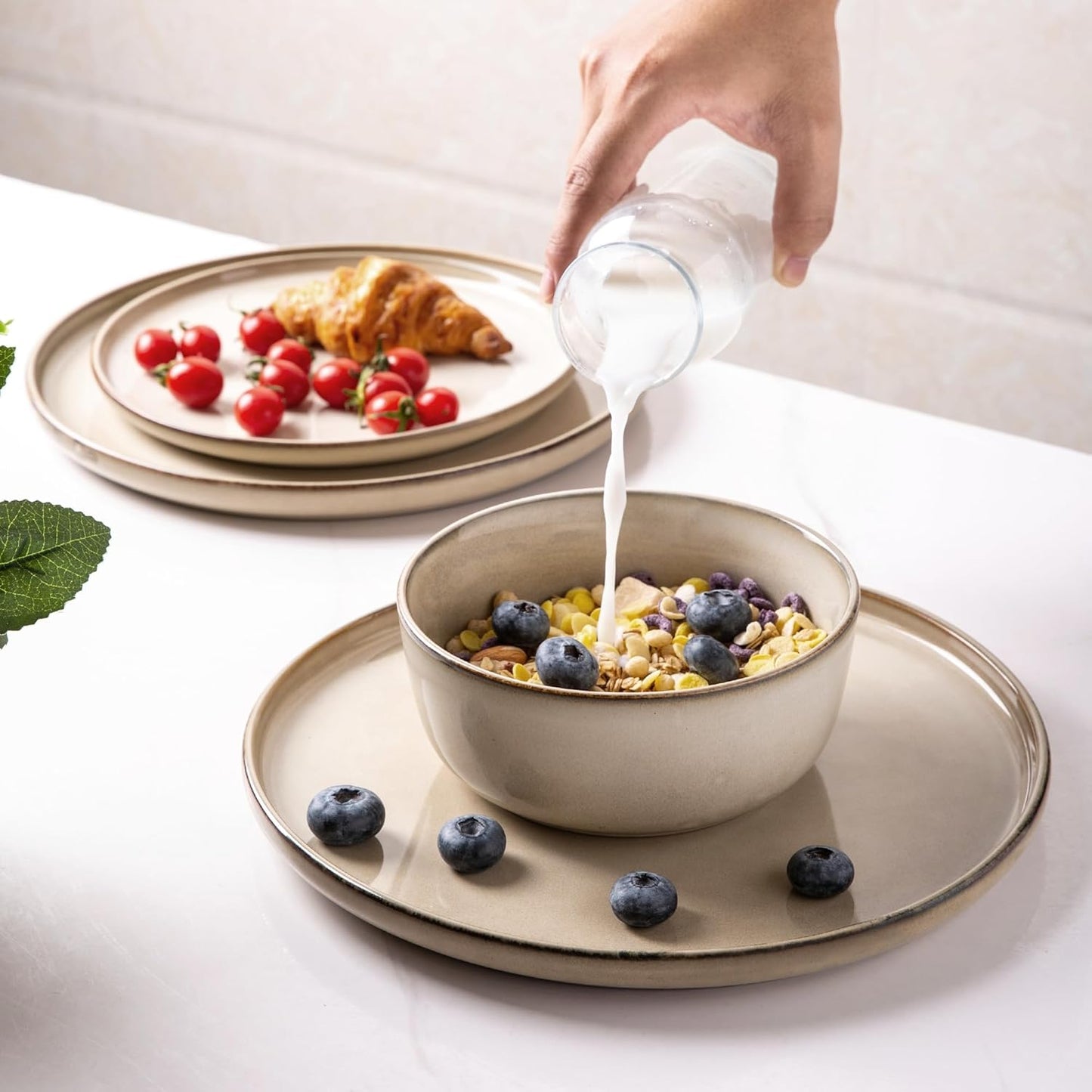 GBHOME Ceramic Dinnerware Sets for 8, 24 Pieces Stoneware Plates and Bowls Sets, Scratch Resistant Dishes, Dishwasher & Microwave Safe, Reactive Glaze-Cappuccino