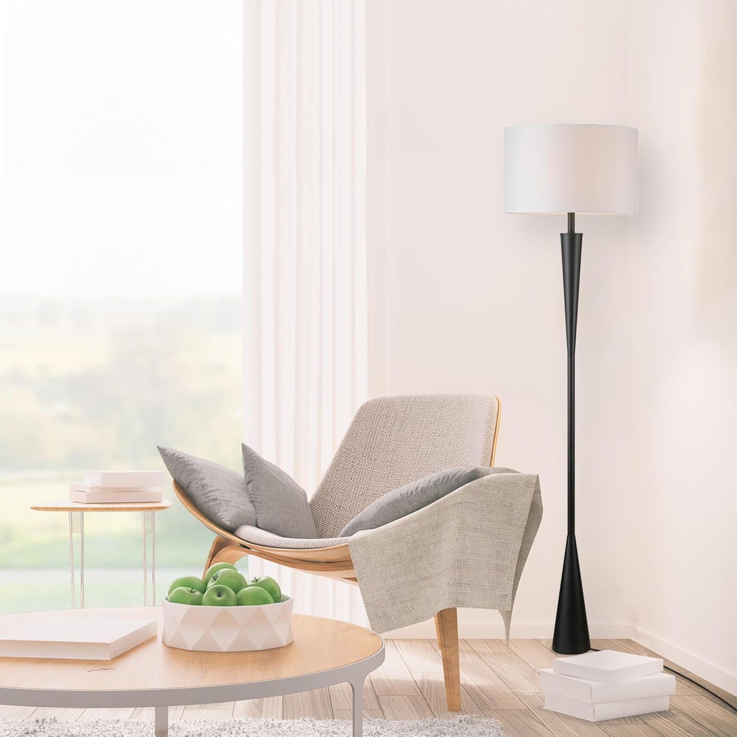 Globe Electric 67224 70" Floor Lamp, Matte Black Finish, White Fabric Shade, Modern Tapered Frame, E26 Base, Contemporary Living Room and Bedroom Lighting