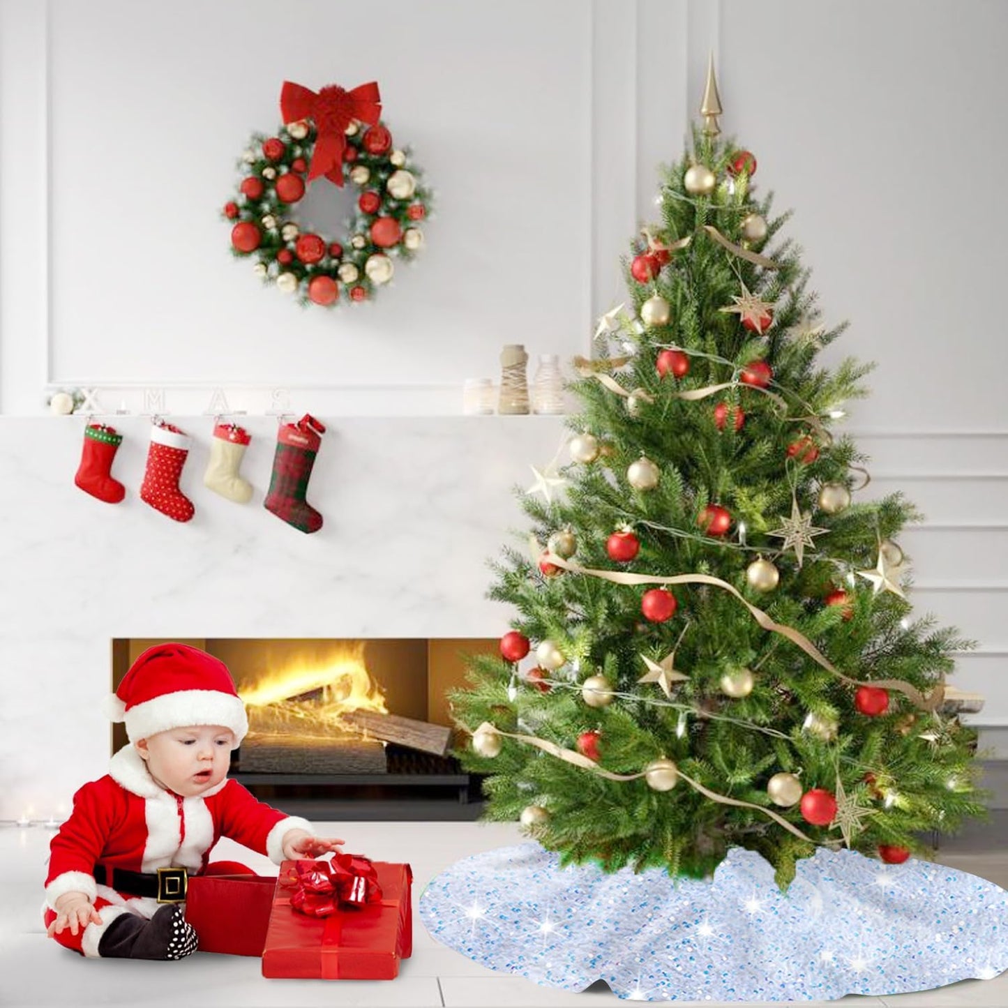 MODFUNS Iridescent White Christmas Tree Skirt Mini 21 Inch Sequins Tree Skirt Sparkle Velvet Xmas Tree Mat Glitter Tree Skirts for Artificial Trees Mermaid Tree Collar Skirt for Christmas Party