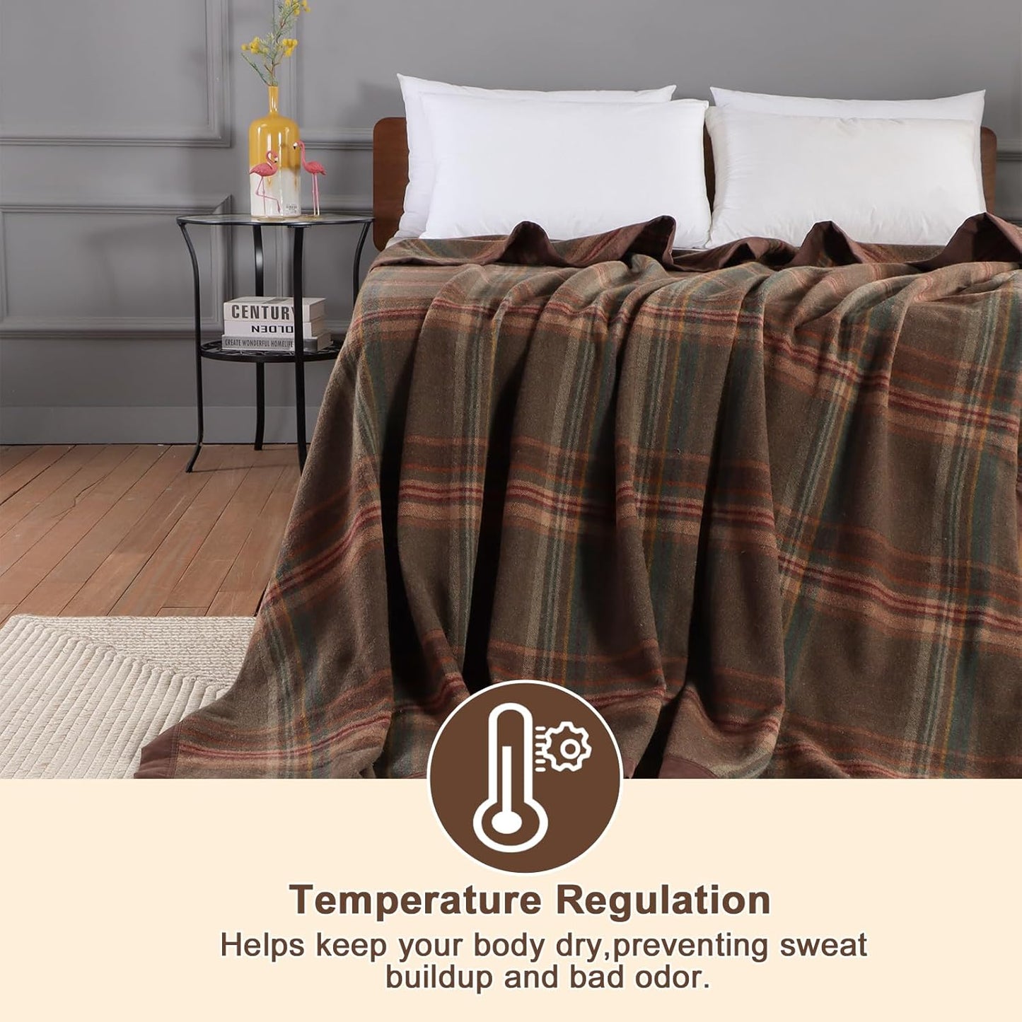 YOUR MOON 100% Pure Merino Wool Queen Size, Australian Organic Natural Wool Blanket, Hypoallergenic Wool Blanket for Bed, Medium Weight(Plaid Brown, 90 * 90)