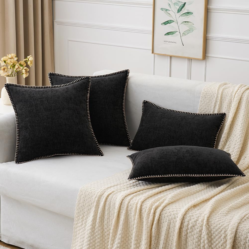 MIULEE Pack of 2 Couch Throw Pillow Covers 16x16 Inch Black Farmhouse Decorative Pillow Covers with Stitched Edge Soft Chenille Solid Dyed Spring Pillow Covers for Sofa Bed Living Room
