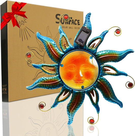 Goodeco Solar Sun Face Wall Art – Metal Outdoor Wall Decor with Solar LED Lights for Garden & Patio - Weather Resistant, Smiling Sun Face Design (18 inch, Blue)