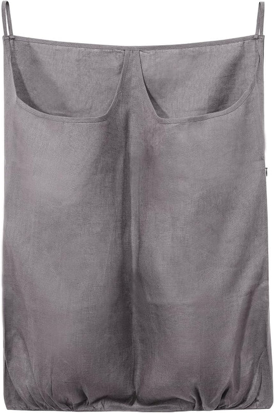 100% Pure Linen Dual Hanging Laundry Bag with 2 Deep Pocket and 2 Side Zipper 20x27in, Over The Door Laundry Hamper Space Saving Hampers for Dirty Clothes Home Travel, Grey