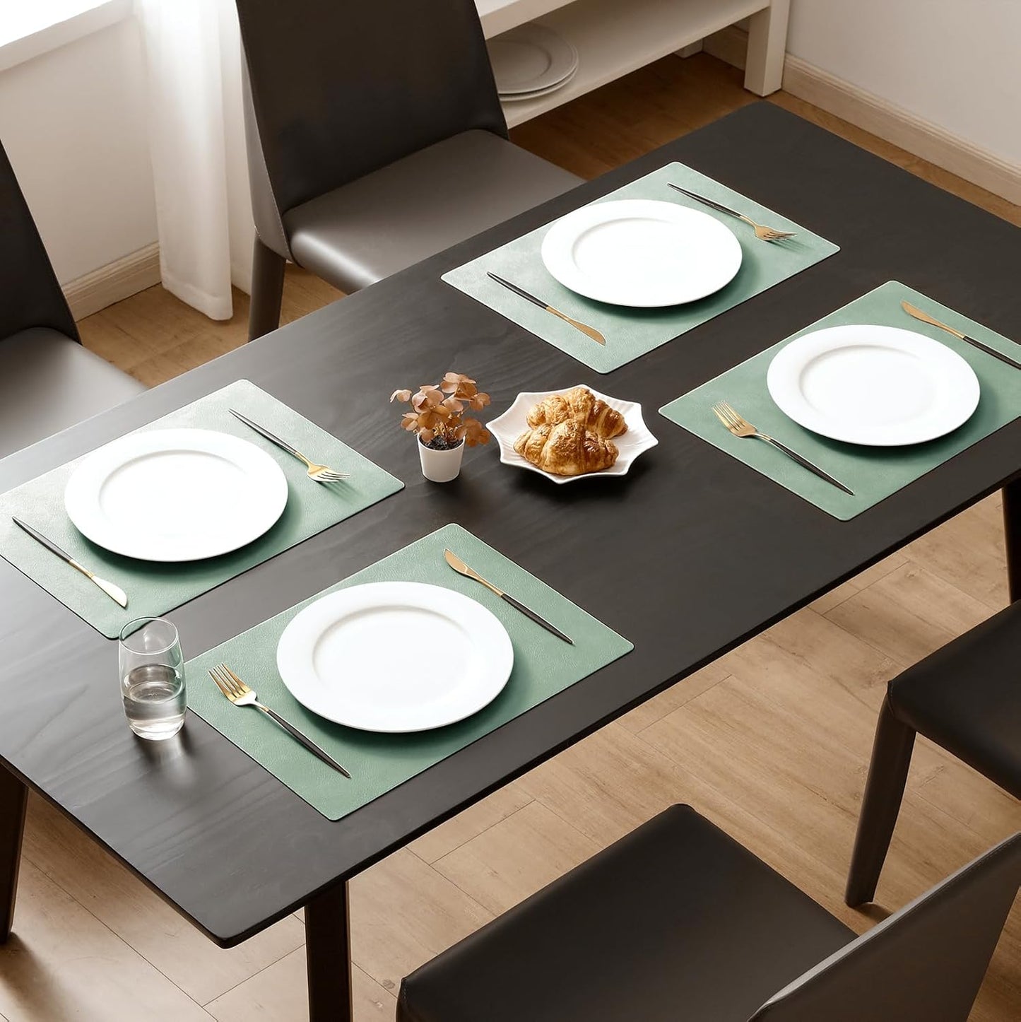 MOSAYT Vinyl Placemats Set of 4-12 X 17 Inch - Faux Leather 100% Waterproof Oil-Proof Wipeable PU Place Mats, Heat Resistant Reversible Table Mats for Kitchen, Dining, Outdoor (Green)
