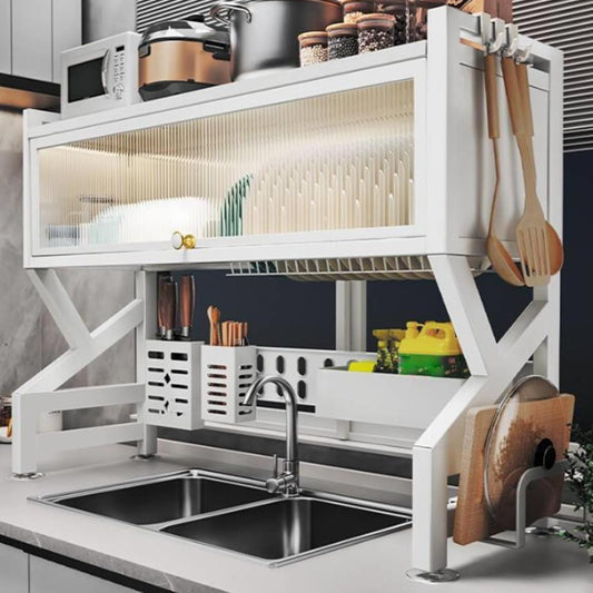 Kitchen sink rack dishwashing sink countertop dustproof cupboard storage multifunctional tableware storage drain rack double layer,KeepKitchen Sink Shlef Organized Space-Saving(White,95cm/37.4in)