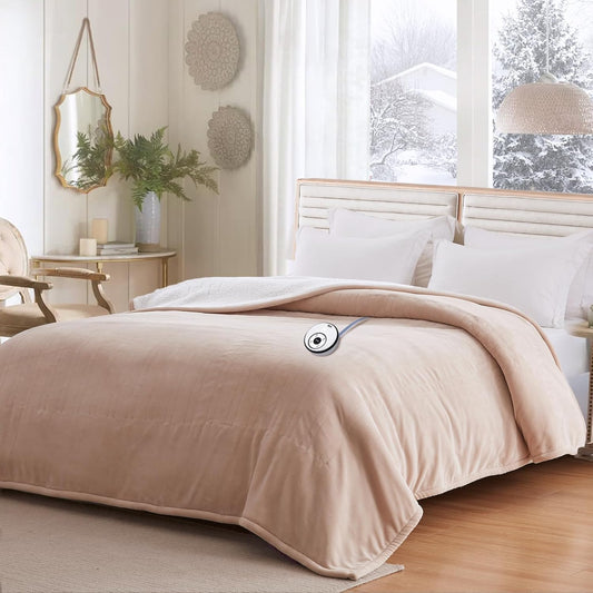Sealy Electric Blanket Twin Size 62"*84",Super Cozy Flannel to Sherpa Reversible Heated Twin Blanket with 10 Heating Levels & 1-12 Hours Auto Off Overheating Protection Machine Washable, Beige
