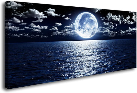 Cao Gen Decor Art S06975 Wall Art Canvas Prints Moon Sea Ocean Landscape 1 Panels Full Moon in Cloud Pictures Paintings Stretched and Framed for Living Room Bedroom Kicthen Office Artwork 30x60inch