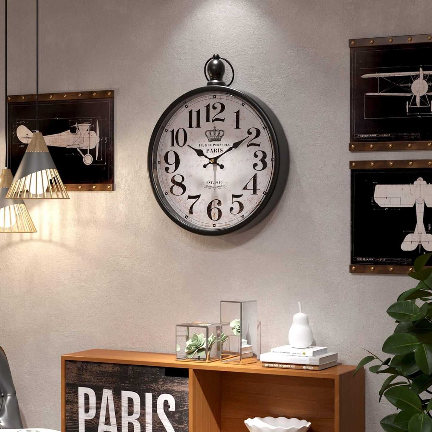 Menterry Retro Round Wall Clock. Black Vintage Antique Style Decor Wall Clocks for Kitchen,Farmhouse,Bedroom,Bathroom,Office, (11.8" H x 9.3" W)