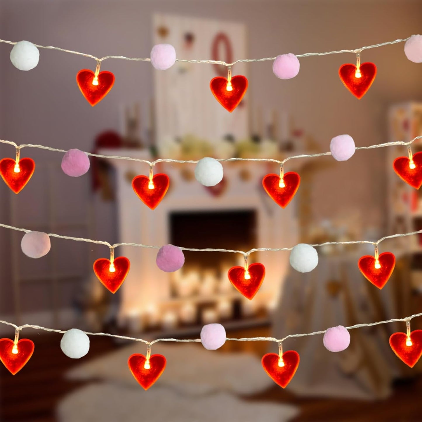 Red Heart String Lights 9.85 Ft Valentines Light with 20 LEDs 20 Pink Pom Poms Garland Lights Battery Operated with Timer Valentines Decorations for Wedding Party Valentine Decor
