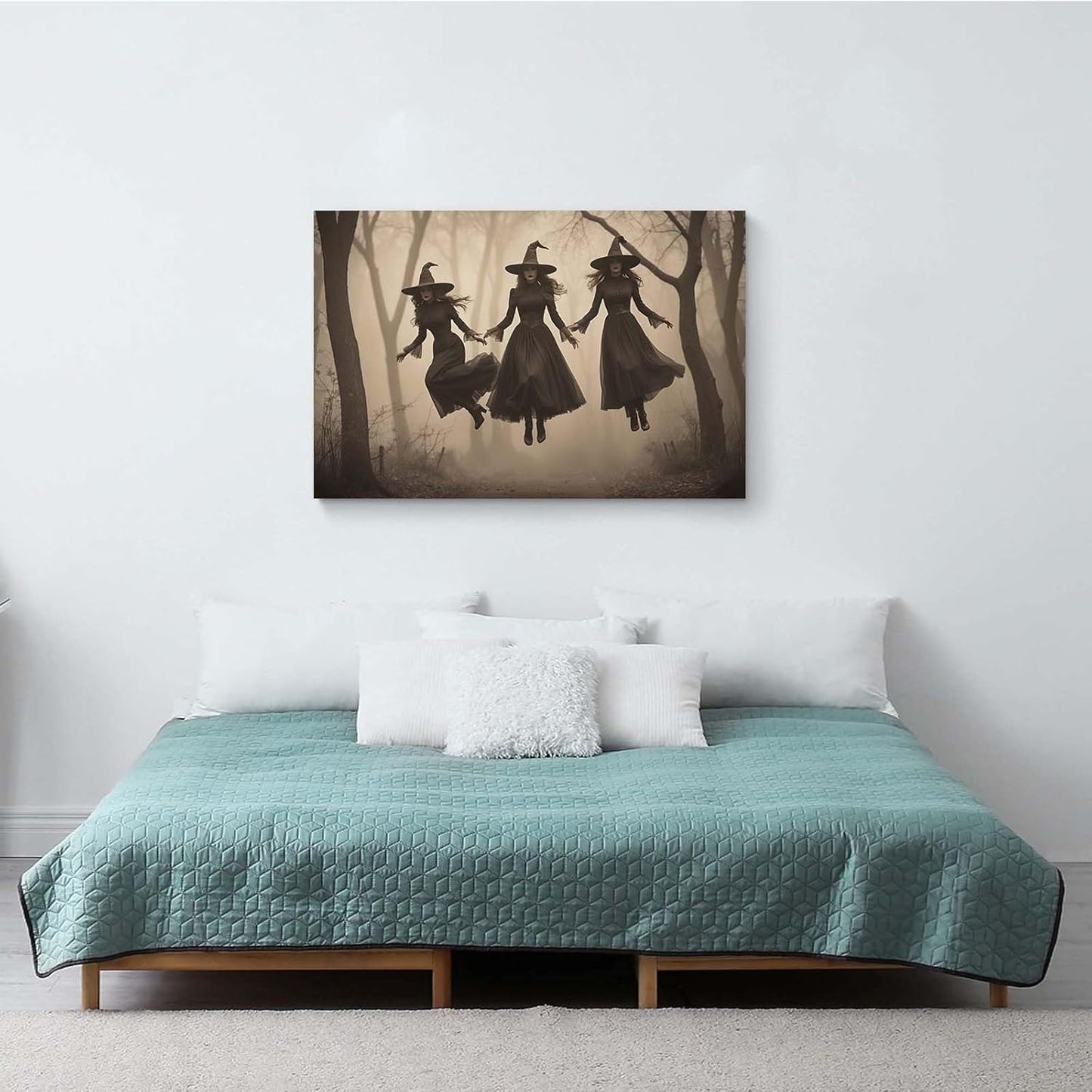 Three ghost witches flying in vintage forest gothic wall art witchcraft decoration holiday gift canvas wall art print24x36in Wood Framed