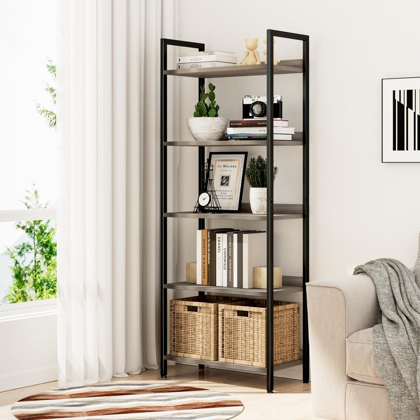 NUMENN Bookshelf, 5 Tier Bookshelves, Home Office Bookcase Shelf Storage Organizer, Free Standing Storage Shelving Unit for Bedroom, Living Room and Home Office, Grey