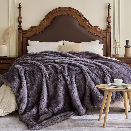 Fluffy Faux Fur Throw Blanket – Super Soft Warm Thick Plush Blanket for Bed, Couch & Office, Cozy Fuzzy Throw with Flannel Backing,108"x90", Grey