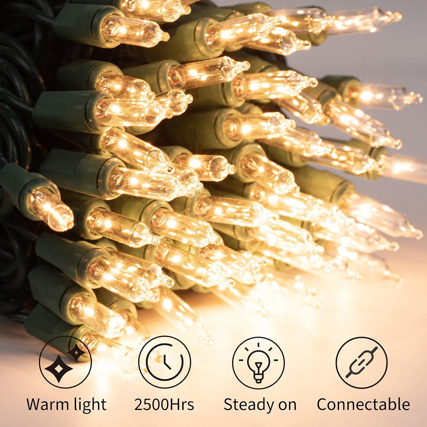 Clear Christmas Lights 200 Count 50 Feet Bulb Mini Lights, Waterproof String Lights, Color Changing Lights for Indoor Xmas Tree Garland Birthday Wedding Decoration, Green Wire