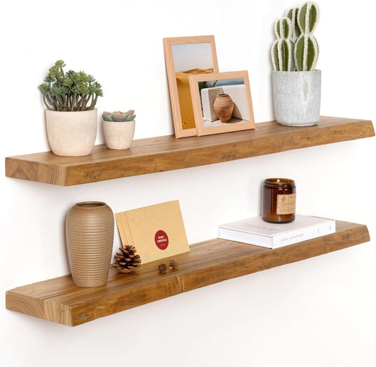 Solid Elm Wood Floating Shelves, 36 Inch Wood Floating Shelves for Wall, Live Edge Wooden Shelves Wall Mounted for Books, Bathroom, Kitchen, Natural Color, Set of 2