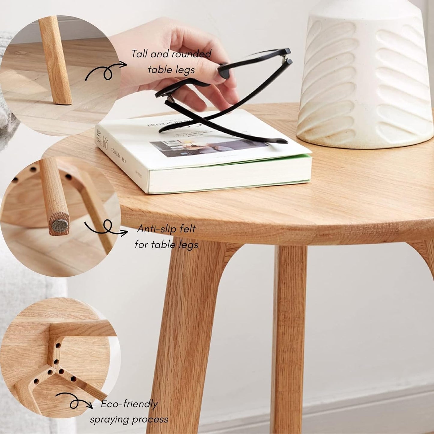 100% Solid Oak Round Side Table Set of 2, Small Bedside Table for Small Spaces, Living Room End Table with Stable Frame, Modern Nightstand for Bedroom Couch(Natural, 17.71" D x 19.68" H)