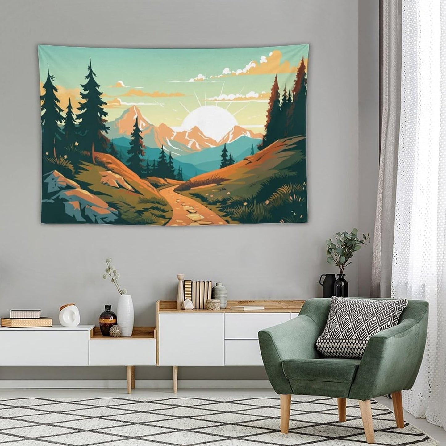HZOHNAGO Mountain Tapestry Forest Mountain Sunrise Road Pattern Printed Wall Tapestry Wall Hanging for Bedroom Living Room Dorm 90" W x 60" H