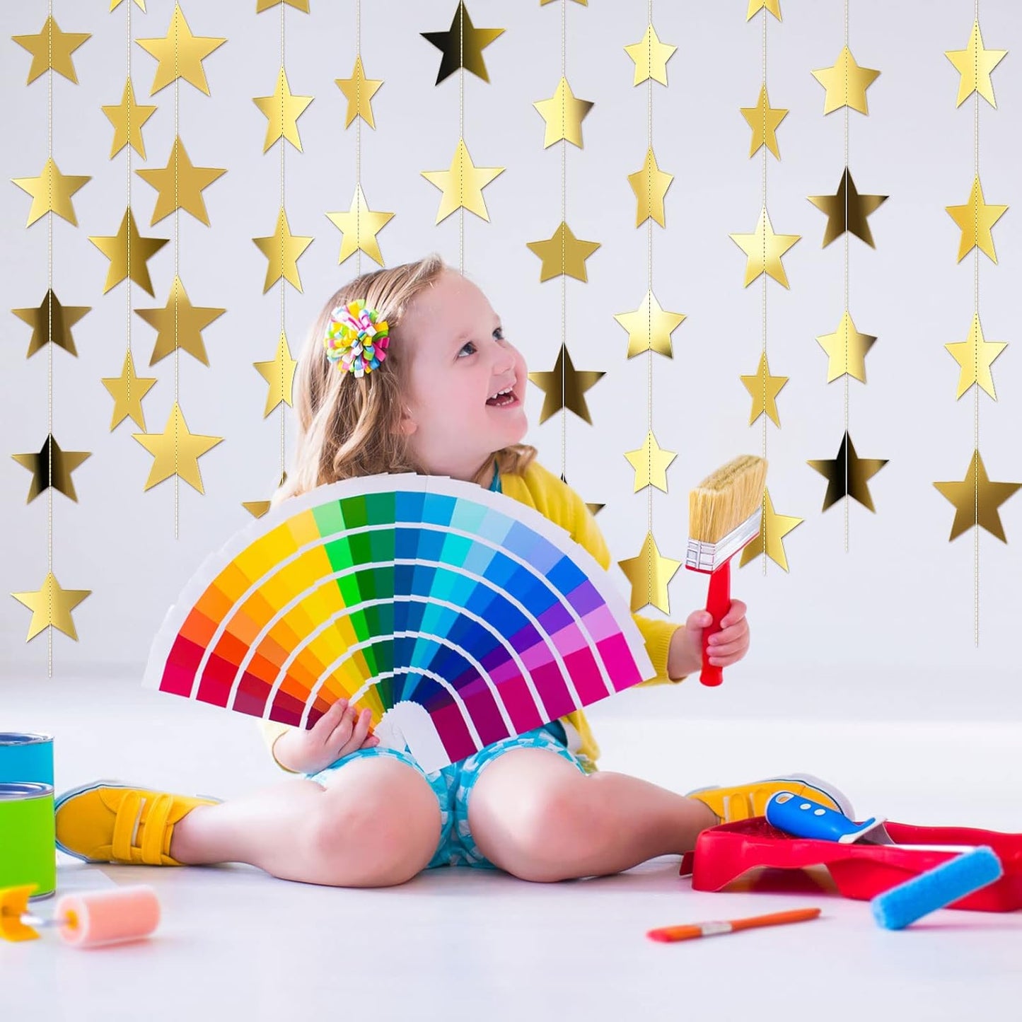 Patelai Glitter Star Garland Banner Decor 130 Feet Star Hanging Bunting Banner Twinkle Backdrop for Homecoming Classroom Wedding Birthday Halloween Christmas Party Supplies(Gold)