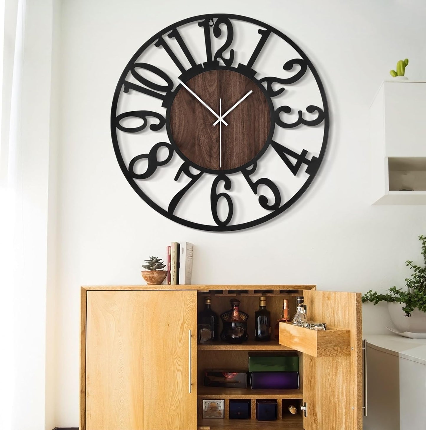 LEIKE 30" Oversized Large Wall Clocks,Silent,Non Ticking,Battery Operated Modern Round Big Wood Decorative Metal Wall Clock for Living Room, Bedroom,Kitchen,Farmhouse,Office Decor - Black,30 Inch