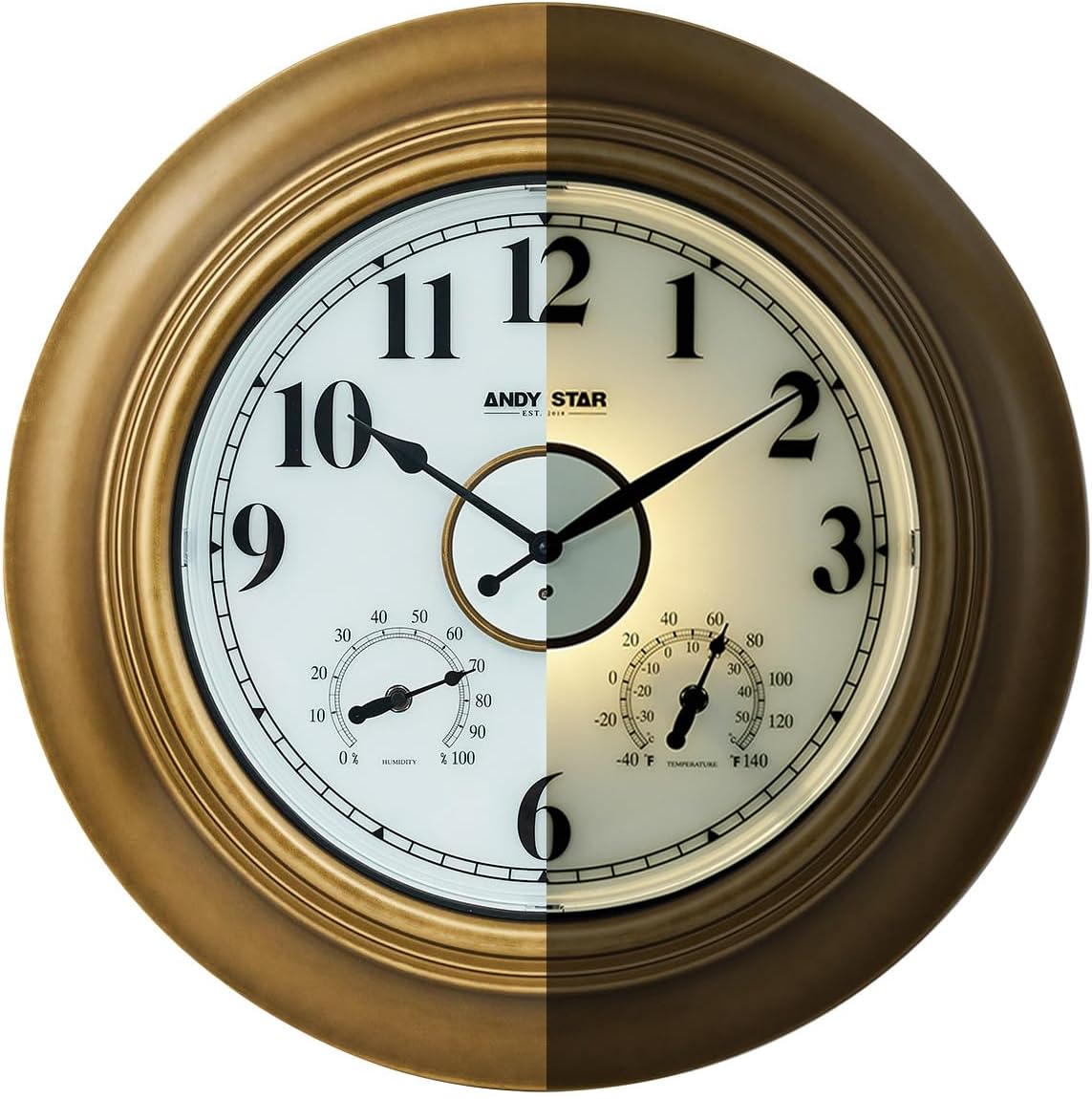 ANDY STAR 21 Inch Outdoor Clocks Waterproof, Large Outdoor Wall Clocks for Patio with Thermometer, Weatherproof Illuminated Clock Battery Operated with Thermometer&Hygrometer, Gold Metal Finish