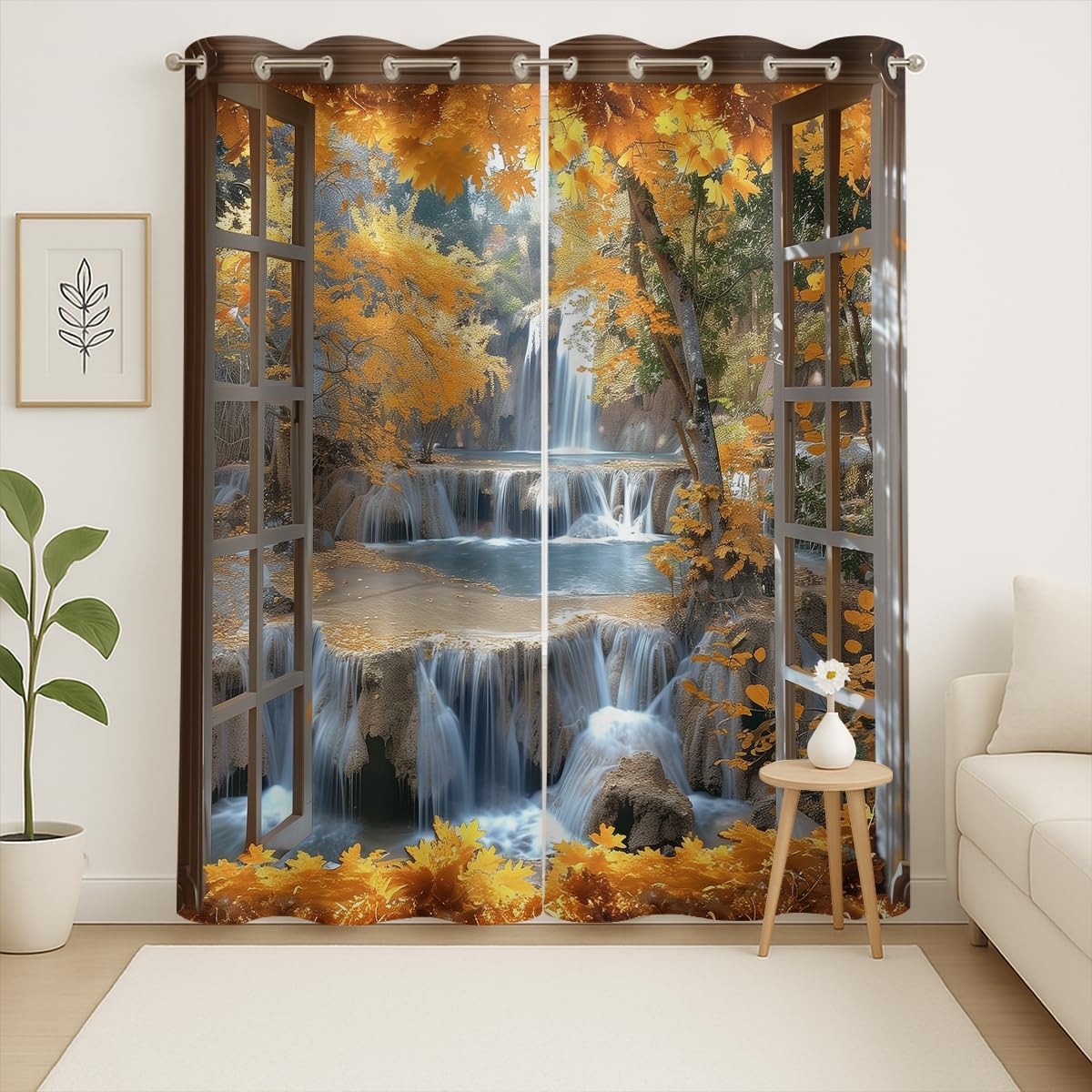 Landscape Blackout Curtains for Girls Boys Teens Home Decor, Nature 3D Autumn Fall Forest Maples Grommet Thermal Insulated Drapes Darkening Window Curtain for Bedroom Living Room, 55 x 63 Inch