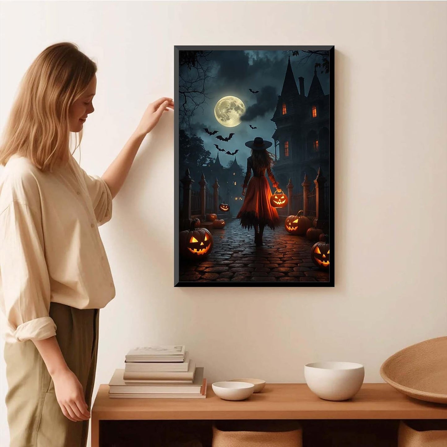 JFHCQJPK Halloween theme poster moonlit autumn night witch vintage poster art print dark college style gothic painting canvas wall decoration bedroom living room ideal gift12x16in Metal blackFramed